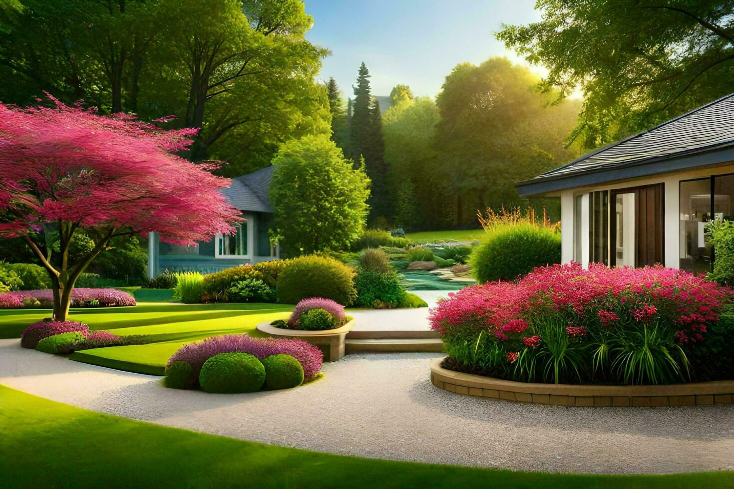 une magnifique jardin avec fleurs et des arbres. généré par ai photo