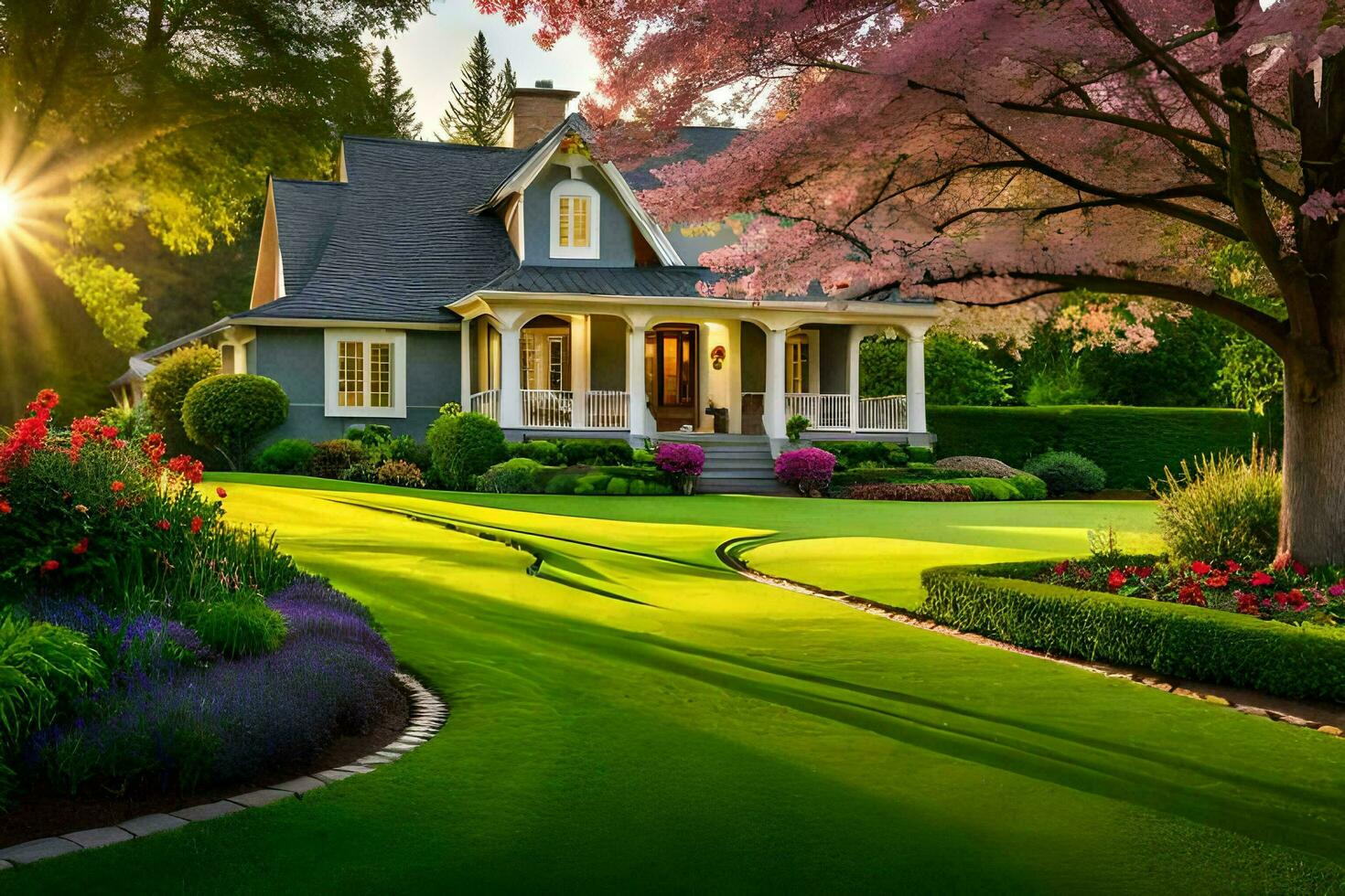 une magnifique maison avec une pelouse et des arbres. généré par ai photo