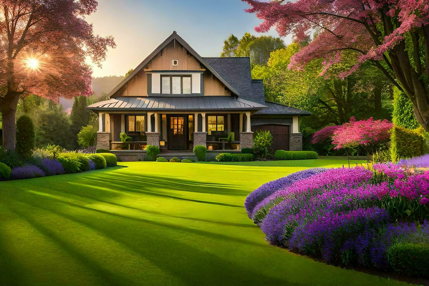 magnifique maison avec magnifique pelouse et des arbres dans le Contexte. généré par ai photo