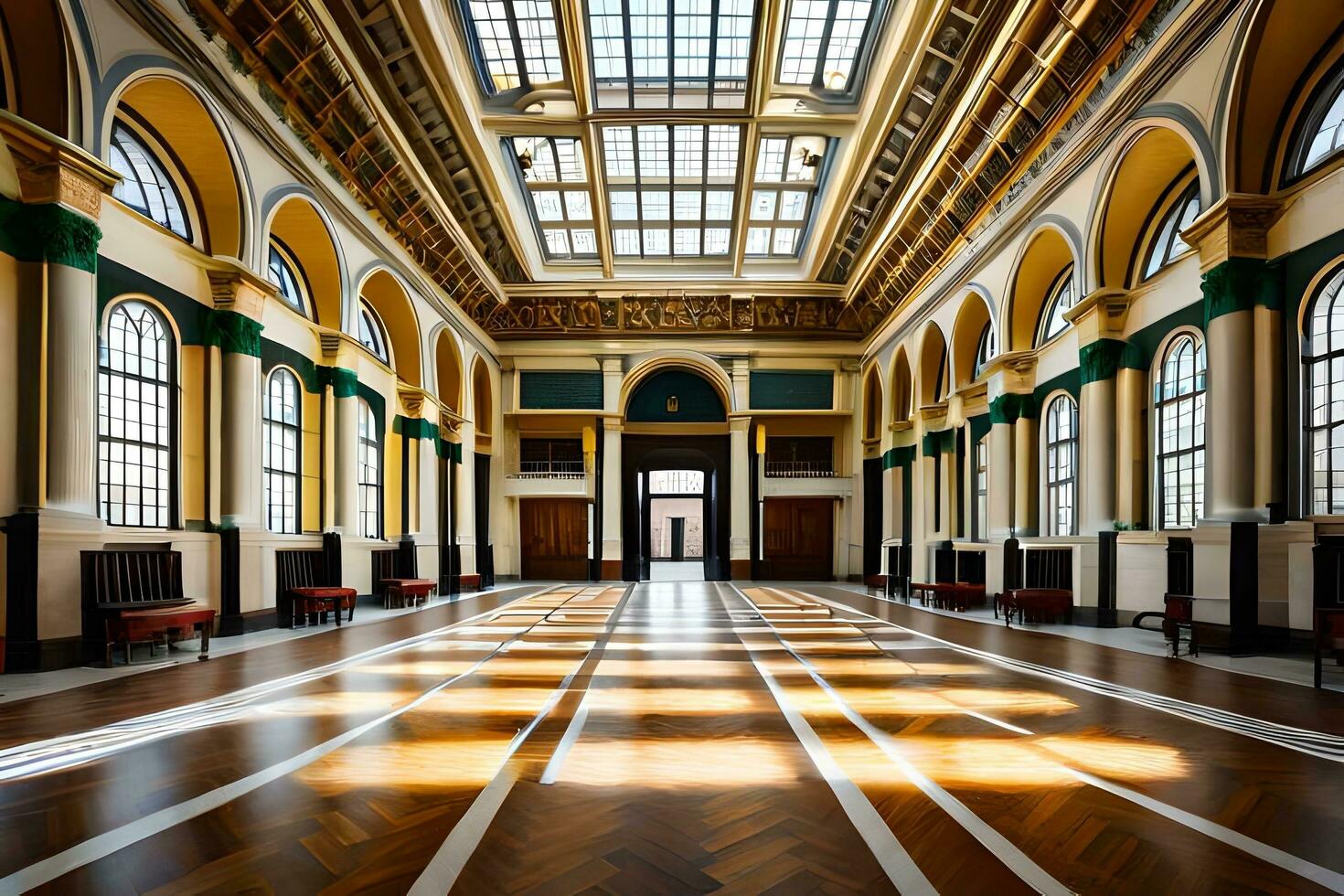 le intérieur de une grand bâtiment avec beaucoup les fenêtres. généré par ai photo