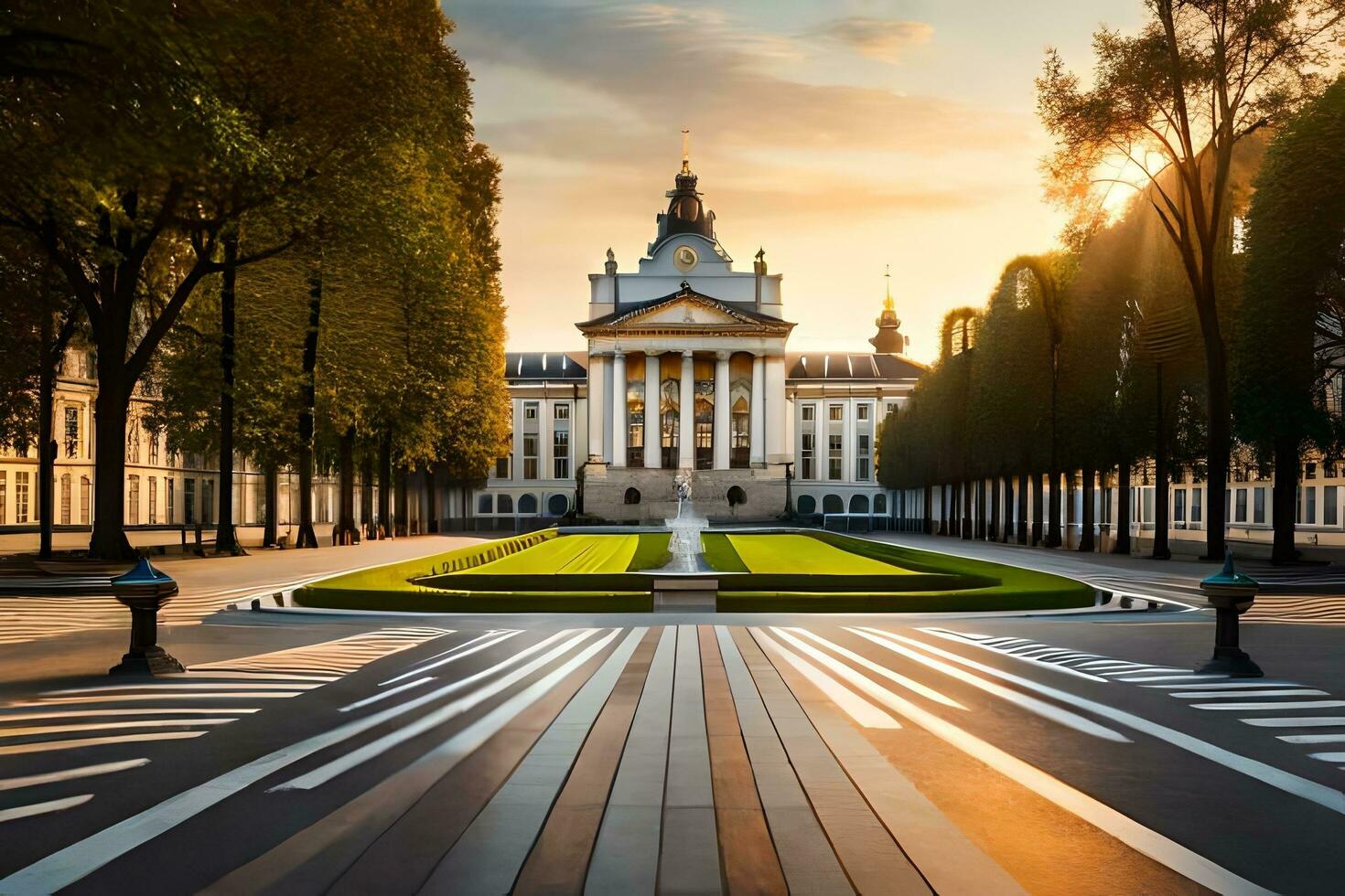 le Soleil est réglage plus de une grand bâtiment dans le milieu de une ville. généré par ai photo