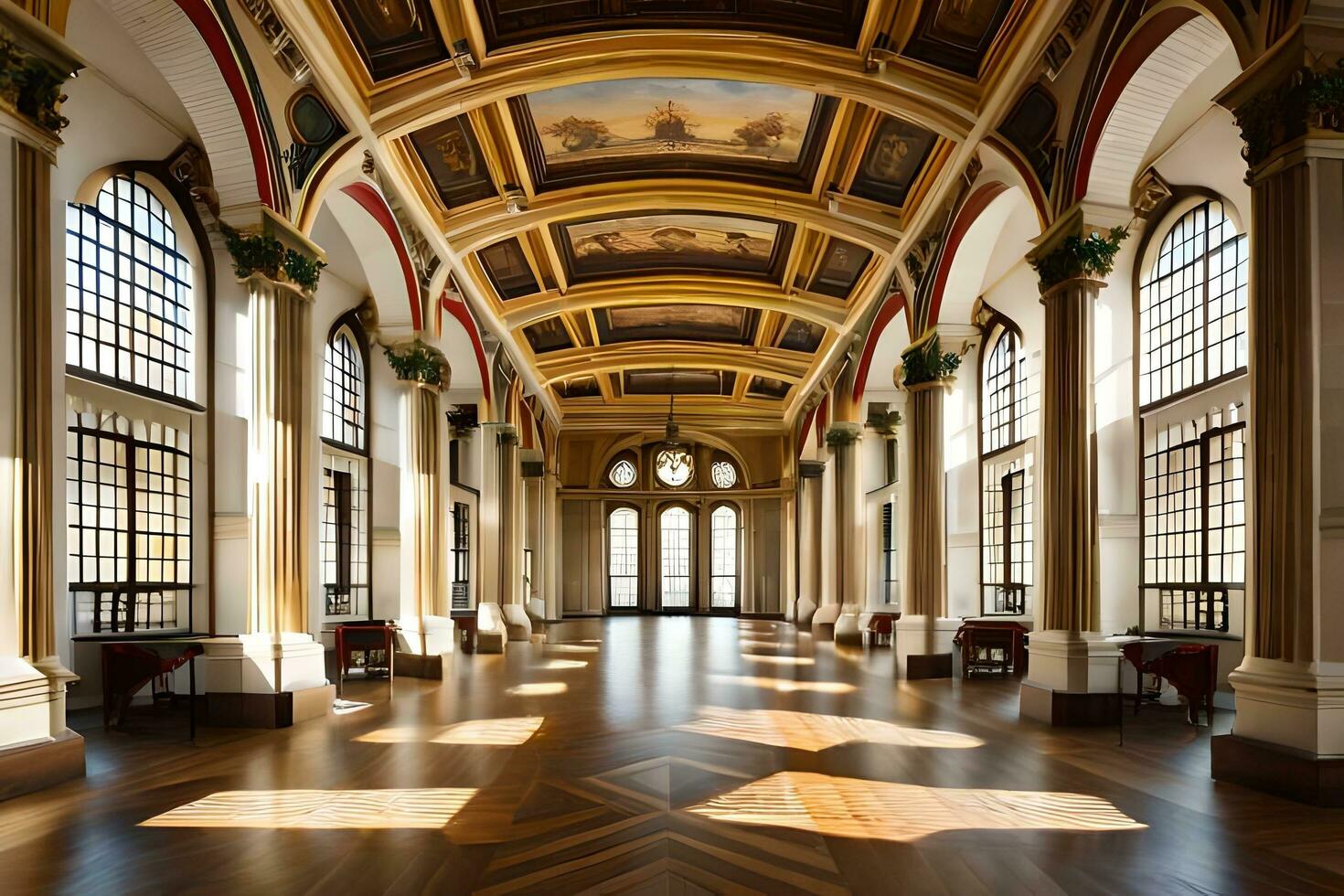 le intérieur de une grand bâtiment avec beaucoup les fenêtres. généré par ai photo