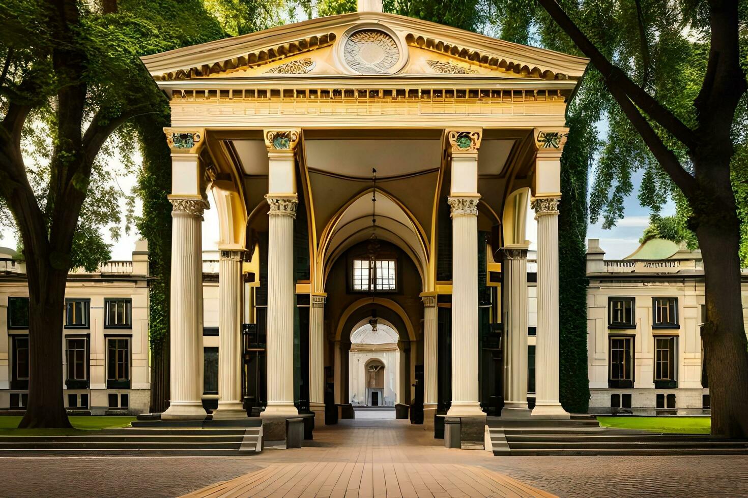 le entrée à une bâtiment avec Colonnes et piliers. généré par ai photo