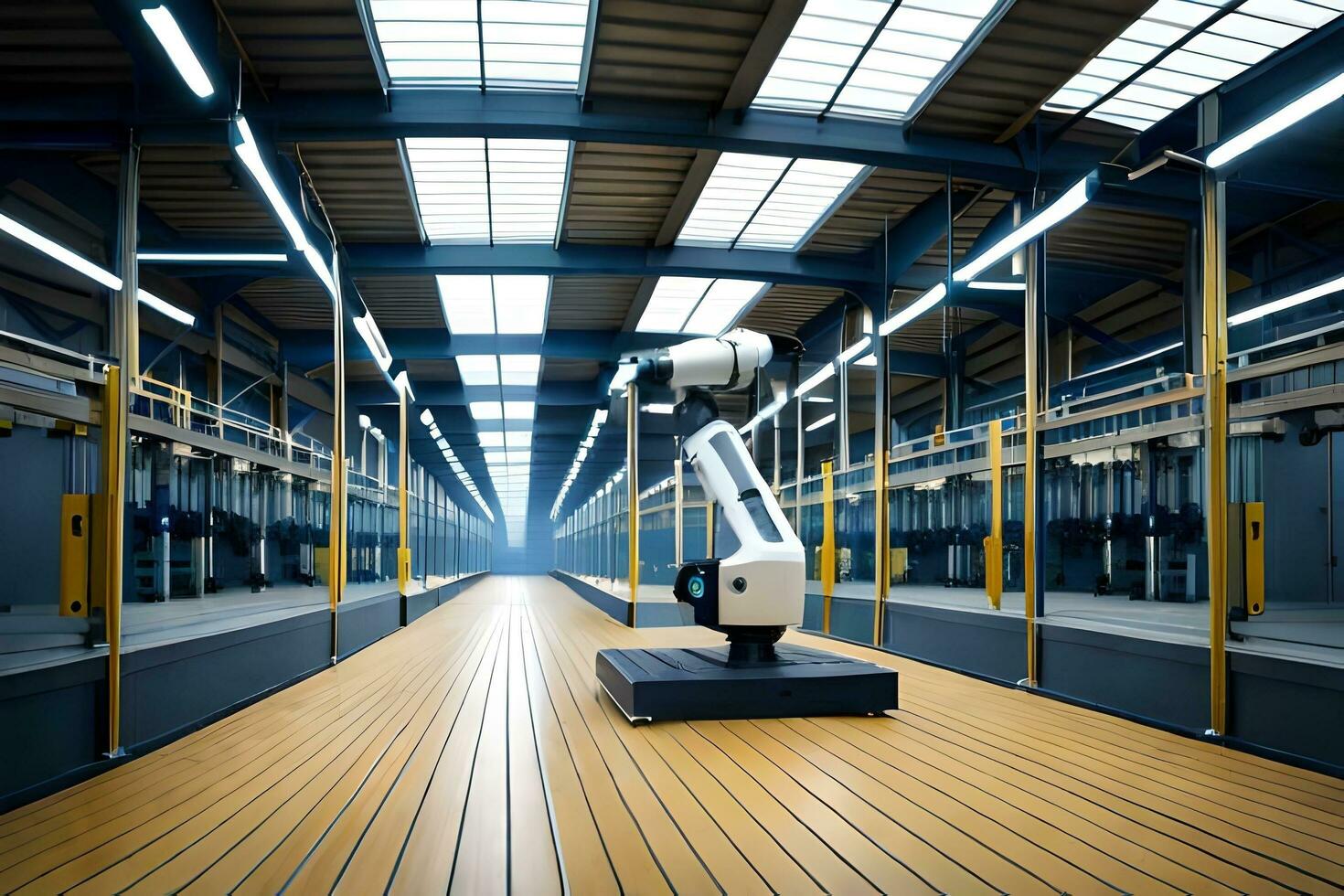une robot est permanent dans une grand entrepôt. généré par ai photo