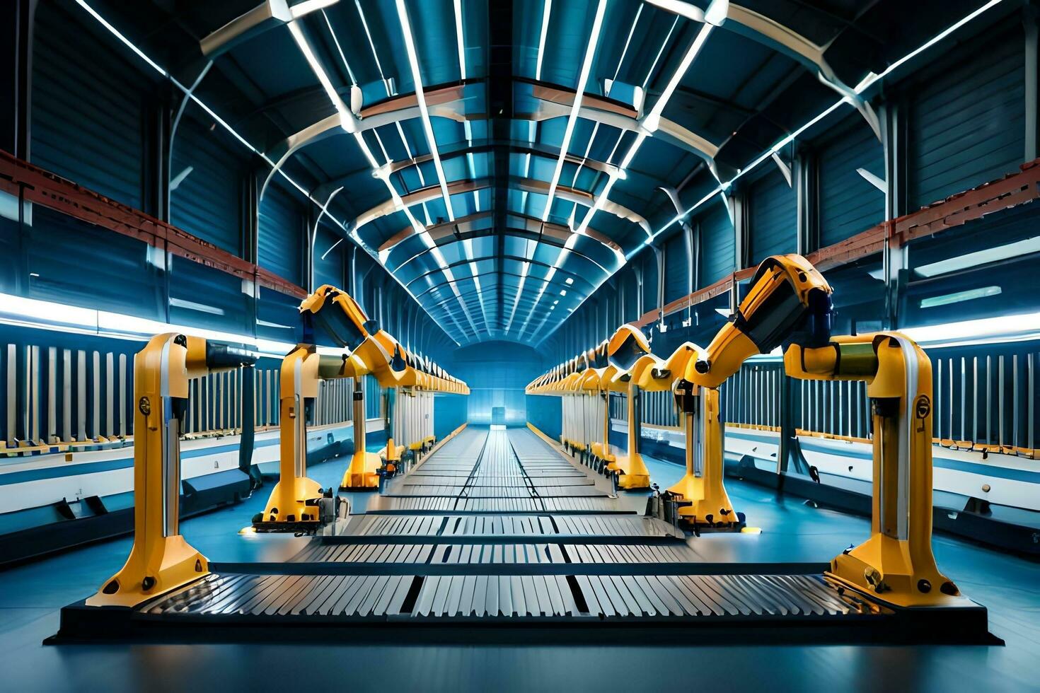 des robots dans une usine avec une bleu lumière. généré par ai photo