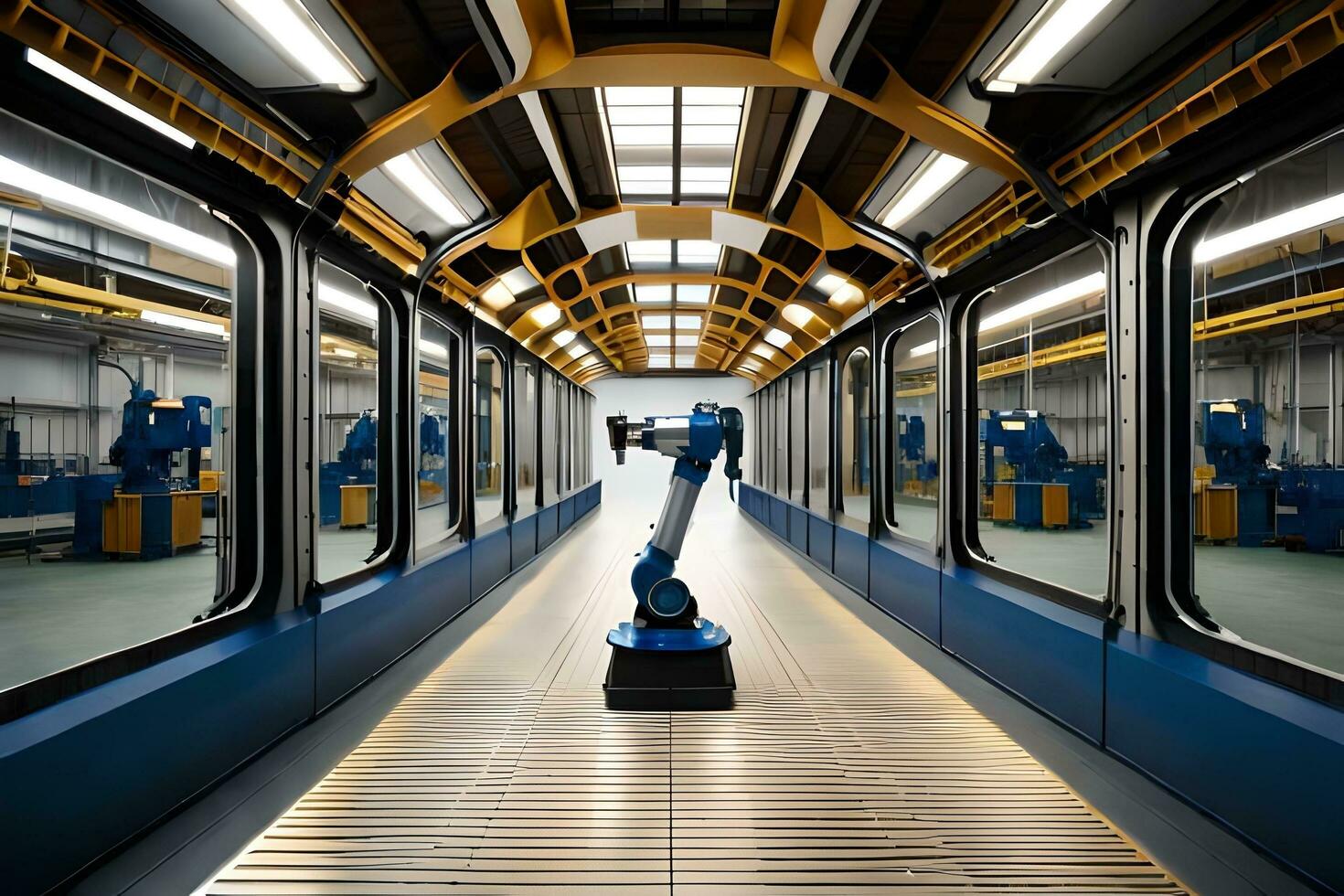 une robot est en marchant par une usine. généré par ai photo