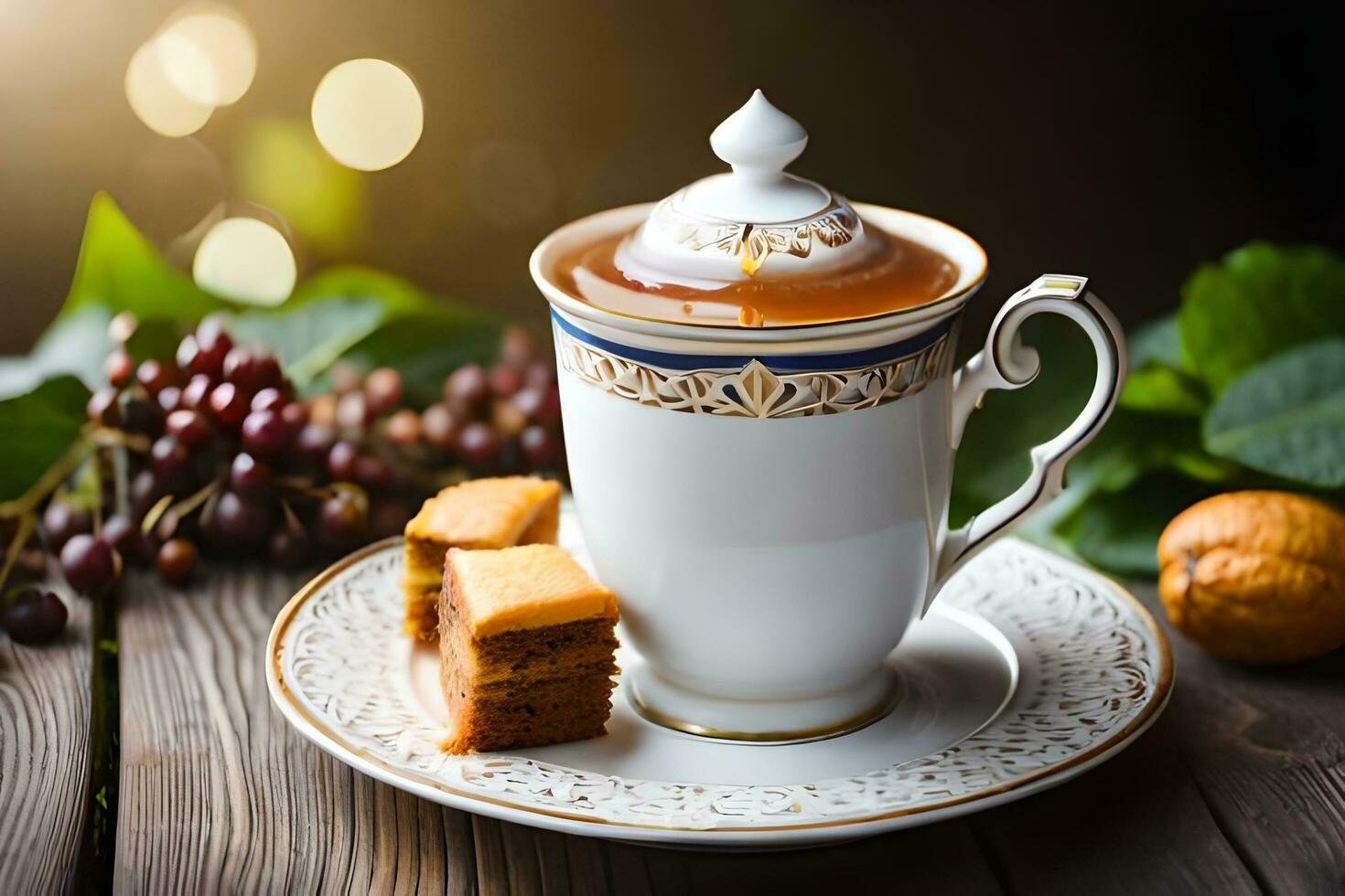 une tasse de thé est assis sur une soucoupe avec une pièce de gâteau. généré par ai photo