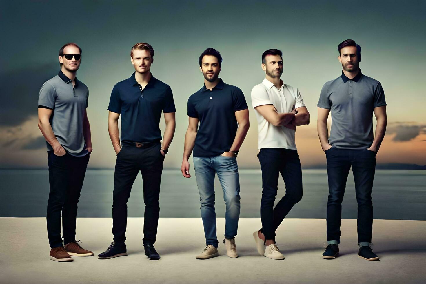 cinq Hommes dans polo chemises permanent suivant à chaque autre. généré par ai photo