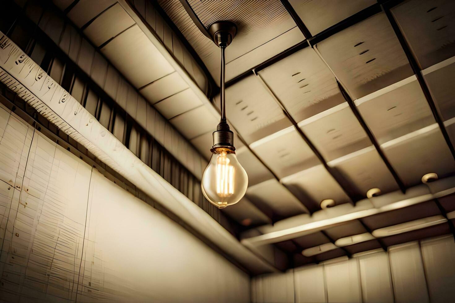 une lumière ampoule est pendaison de le plafond dans une chambre. généré par ai photo