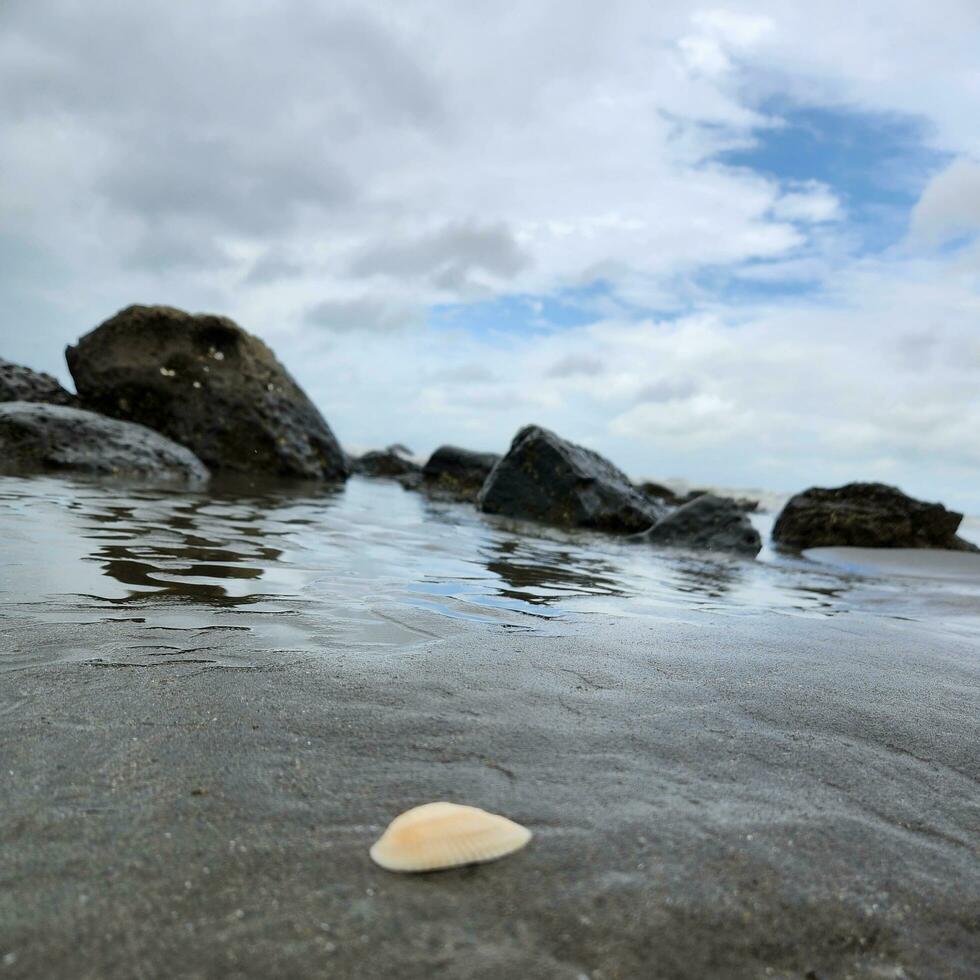 bord de mer sur une nuageux journée blanc sablonneux plage avec pierre photo