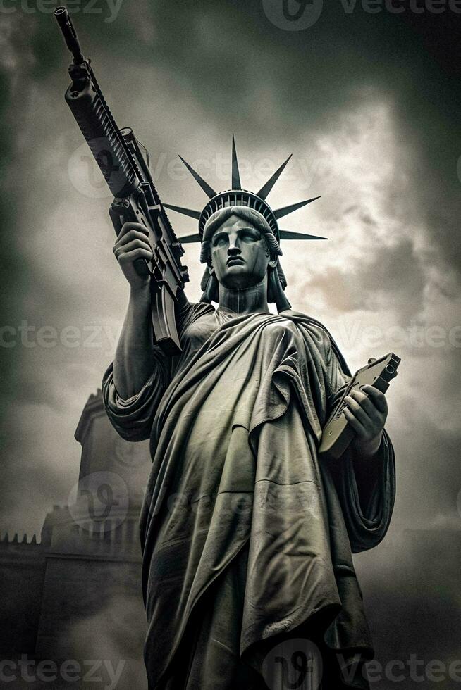 statue de liberté avec mitraillette pistolet symbolisant l'Amérique complexe relation avec armes à feu et liberté. génératif ai. photo