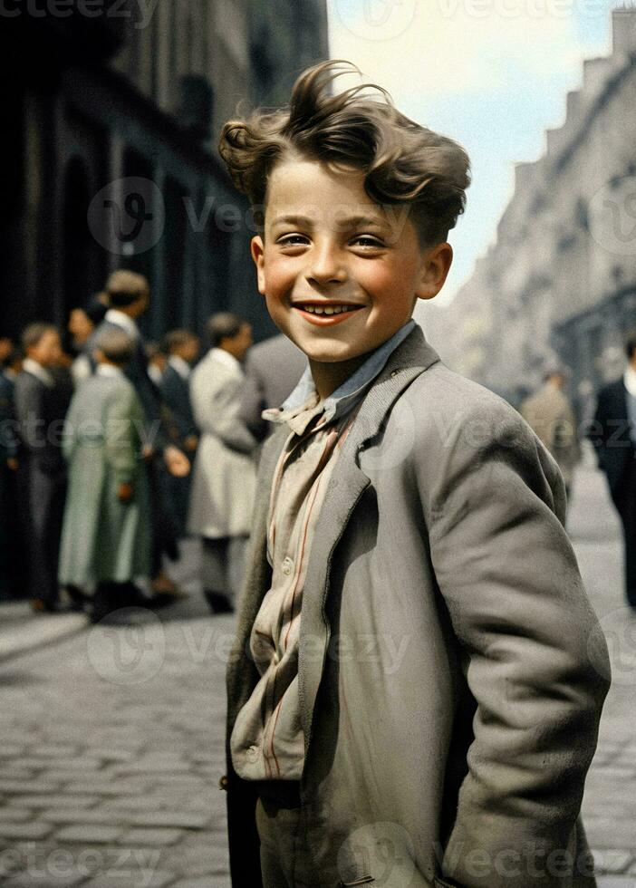 joyeux enfant dans le des rues de Paris génératif ai photo