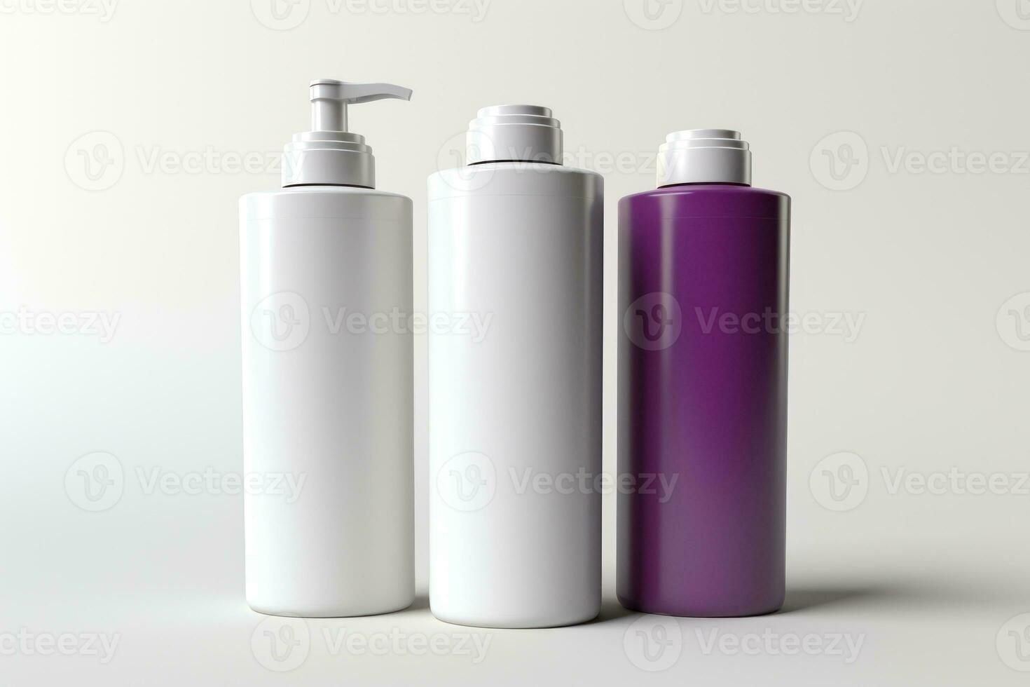 nettoyer maquettes pour cosmétique des produits. Trois nettoyer haute canettes pour shampooing, Conditionneur, cheveux masque, gel, baume. maquettes pour cheveux se soucier des produits. nettoyer canettes isolé sur blanc Contexte. maquettes ai généré photo