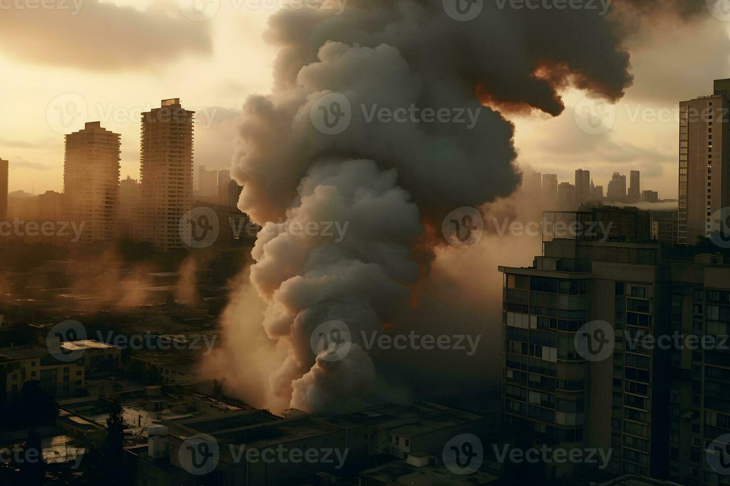 aérien vue de gros Feu dans le ville à le coucher du soleil ai génératif photo