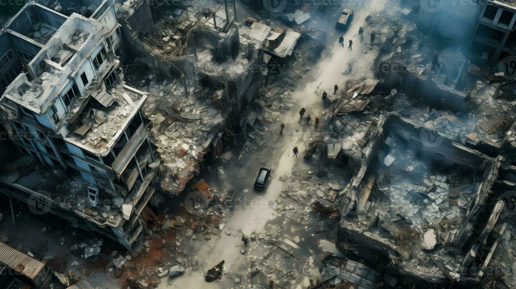 aérien vue de le ville détruit par une Feu et fumée ai génératif photo