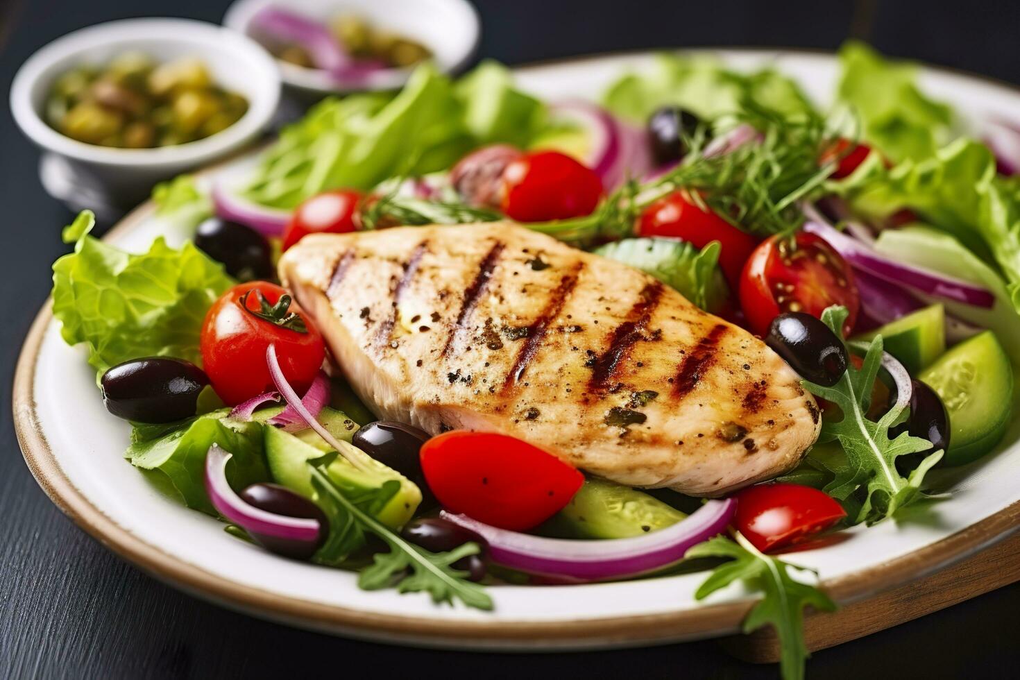 grillé poulet Sein avec tomates, rouge poivre, biologique vert et kalamata Olives. ai généré photo