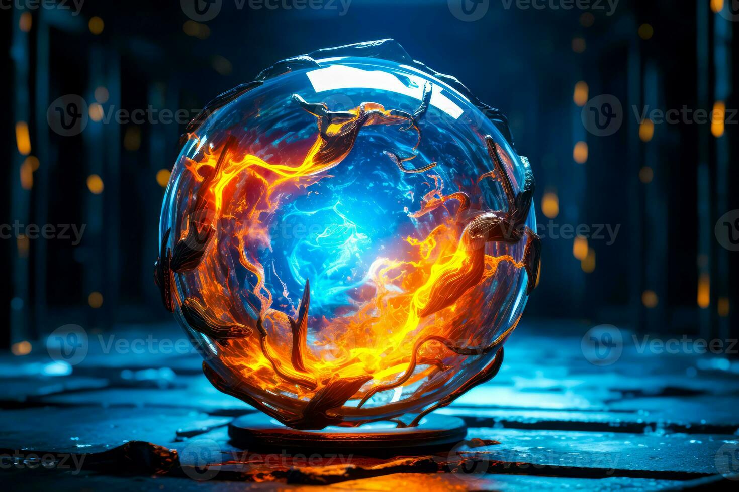 verre Balle avec Feu à l'intérieur de il sur en bois sol avec lumières dans le Contexte. génératif ai photo