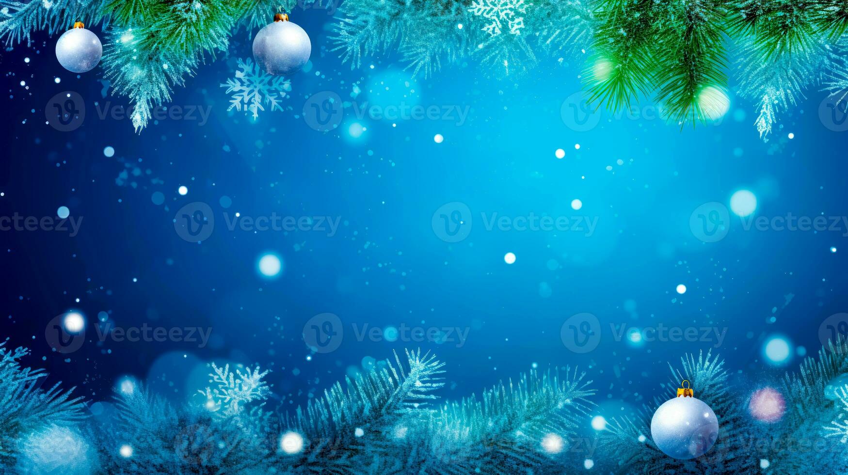 bleu Noël Contexte avec flocons de neige et babioles sur sapin arbre. génératif ai photo