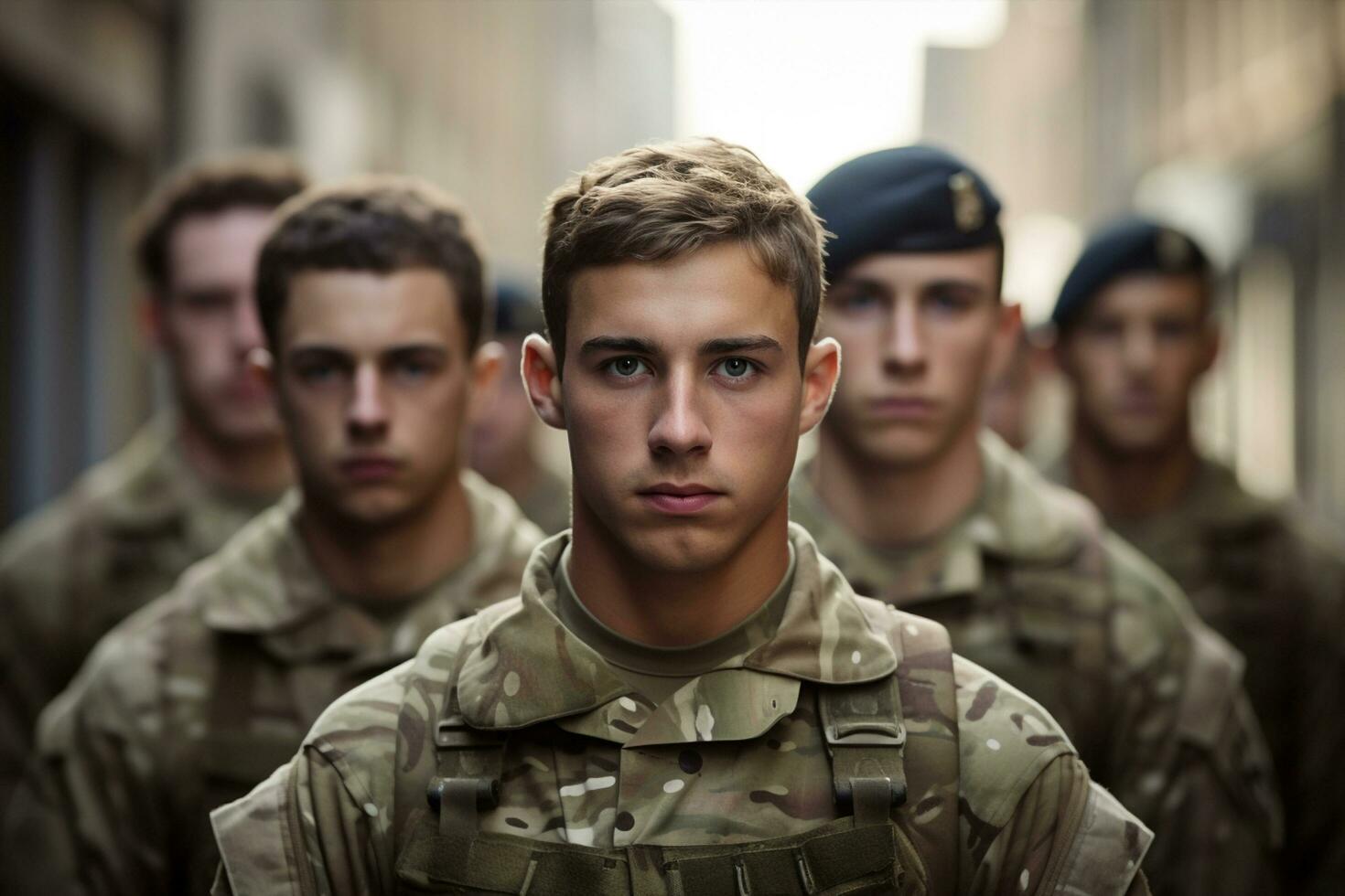 ai généré armé gens équipe parade militaire journée ville armée Obliger Mars Hommes éditorial guerre fête groupe uniforme camouflage soldats la cérémonie photo