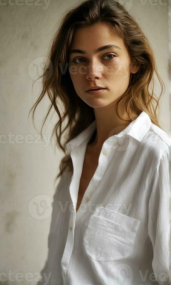 Jeune italien femme portant une blanc lin chemise.générative ai. photo