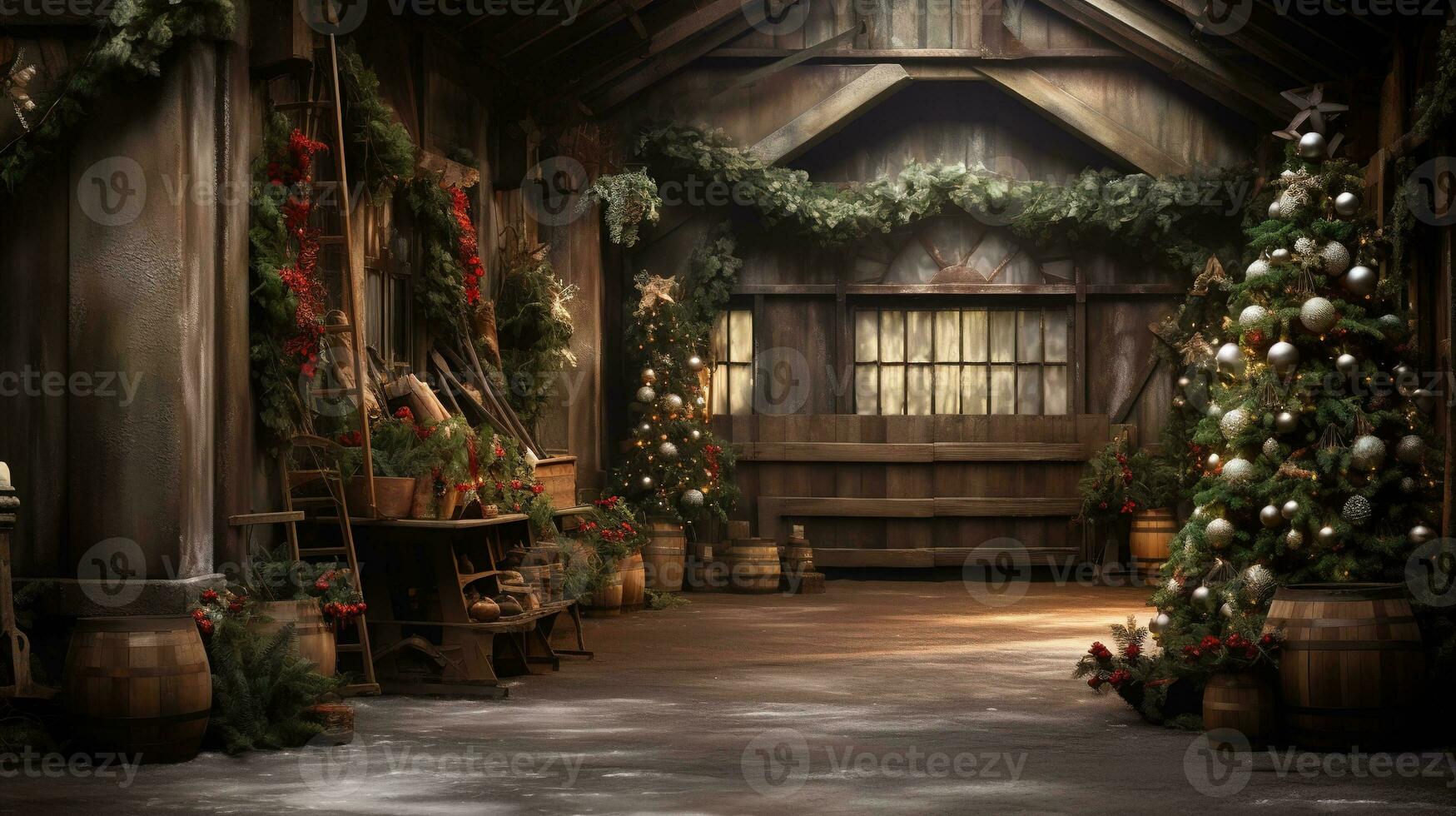 génératif ai, Noël intérieur rural arrière-plan, Père Noël claus rustique atelier photo