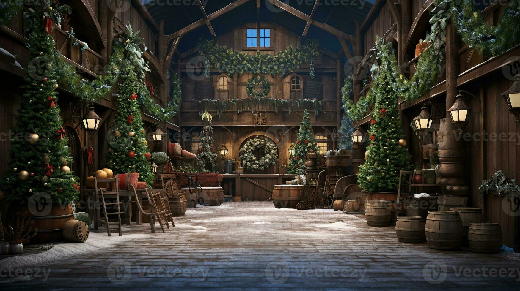 génératif ai, Noël intérieur rural arrière-plan, Père Noël claus rustique atelier photo