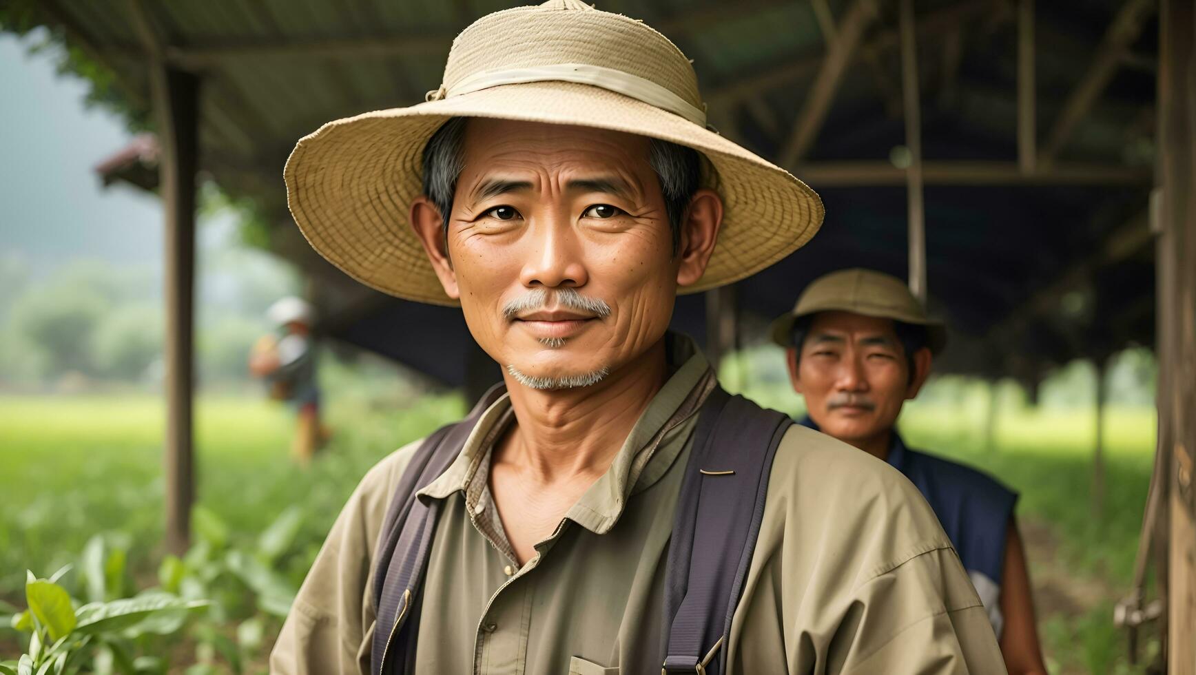 parmi une pittoresque et luxuriant agricole paysage, un vieux agriculteur des stands grand, regarder en toute confiance dans le caméra. ai génératif photo