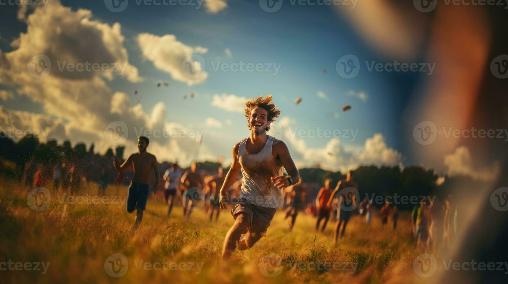 Jeune homme fonctionnement sur le champ à Festival faire la fête. gens ayant amusement en plein air. photo