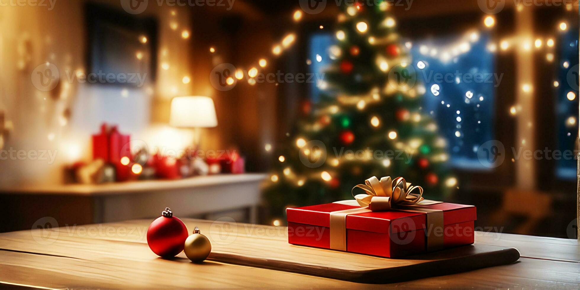 en bois table et cadeau décorations avec flou Noël arbre arrière-plan.génératif ai. photo