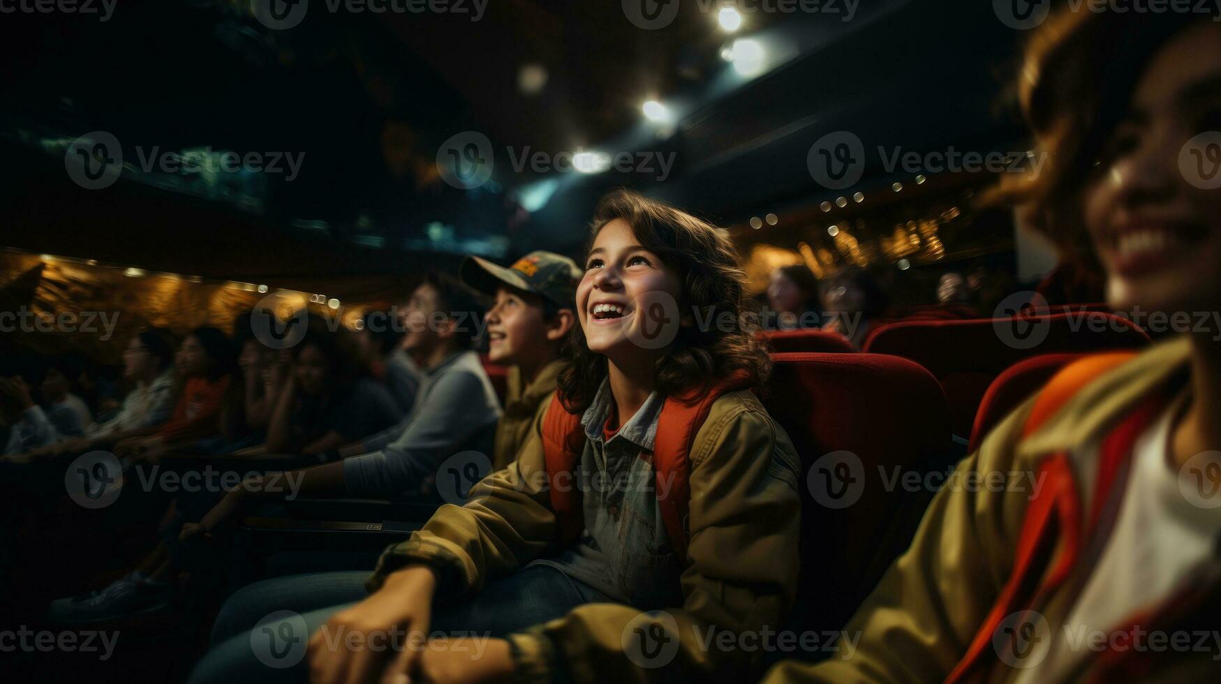 groupe de les enfants en train de regarder film dans le cinéma. concept de divertissement et jouissance. photo