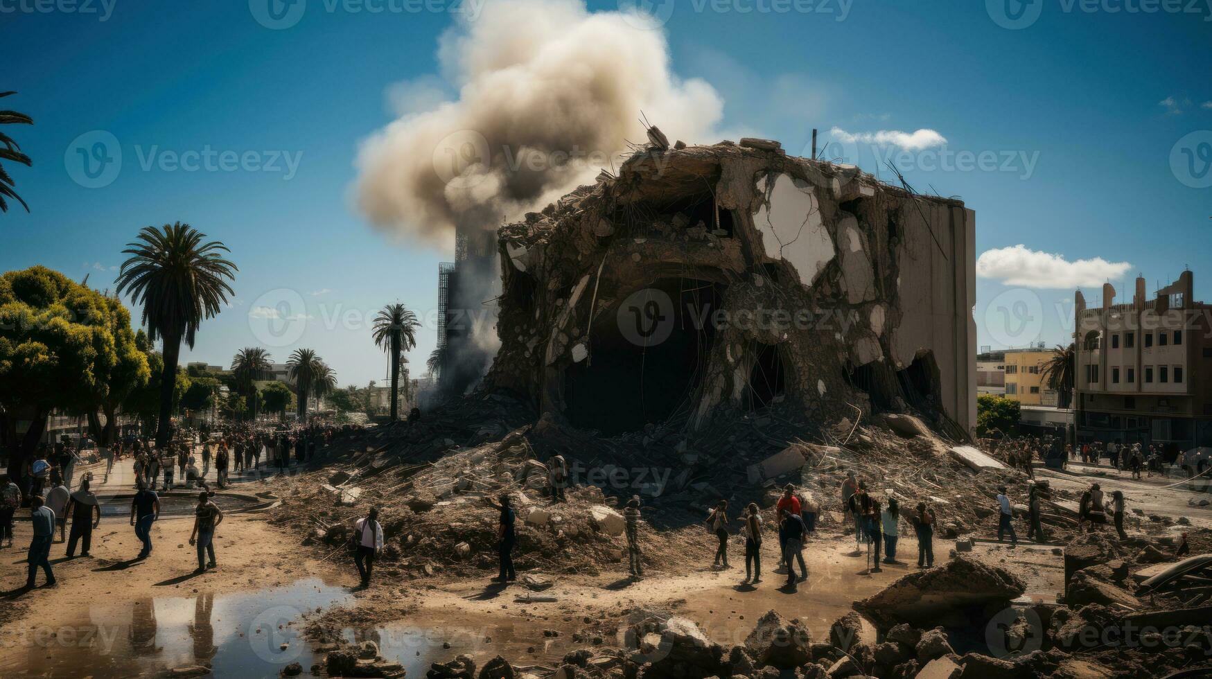 Palestiniens inspecter le dommage air la grève dans le ville de khan Yunis, dans le du sud gaza bande. Israël et Palestine guerre concept. photo