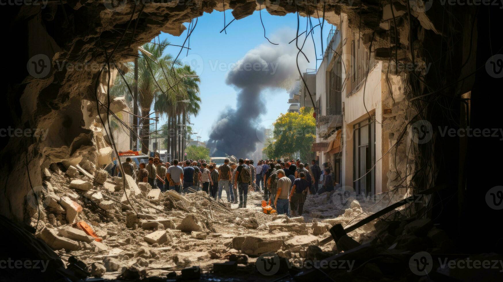Palestiniens inspecter le dommage air la grève dans le ville de khan Yunis, dans le du sud gaza bande. Israël et Palestine guerre concept. photo