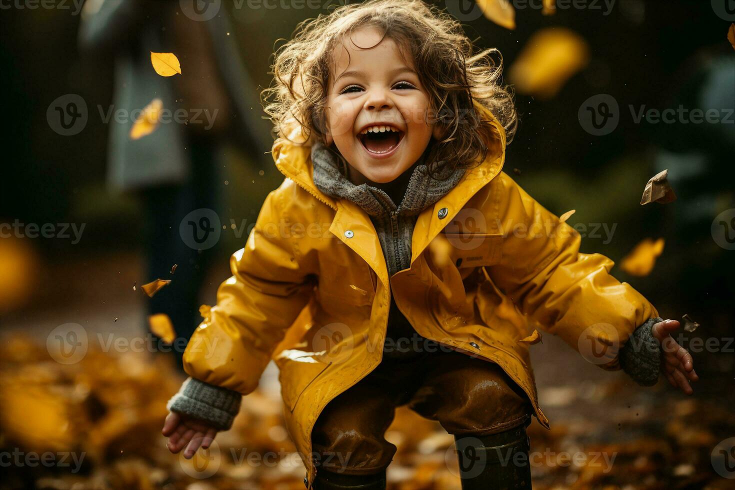 une enfant dans pluie bottes et Jaune plus lisse sauter dans une flaque avec tomber feuilles, gros sourire sur leur affronter, mouvement implique joie. ai généré illustration. photo