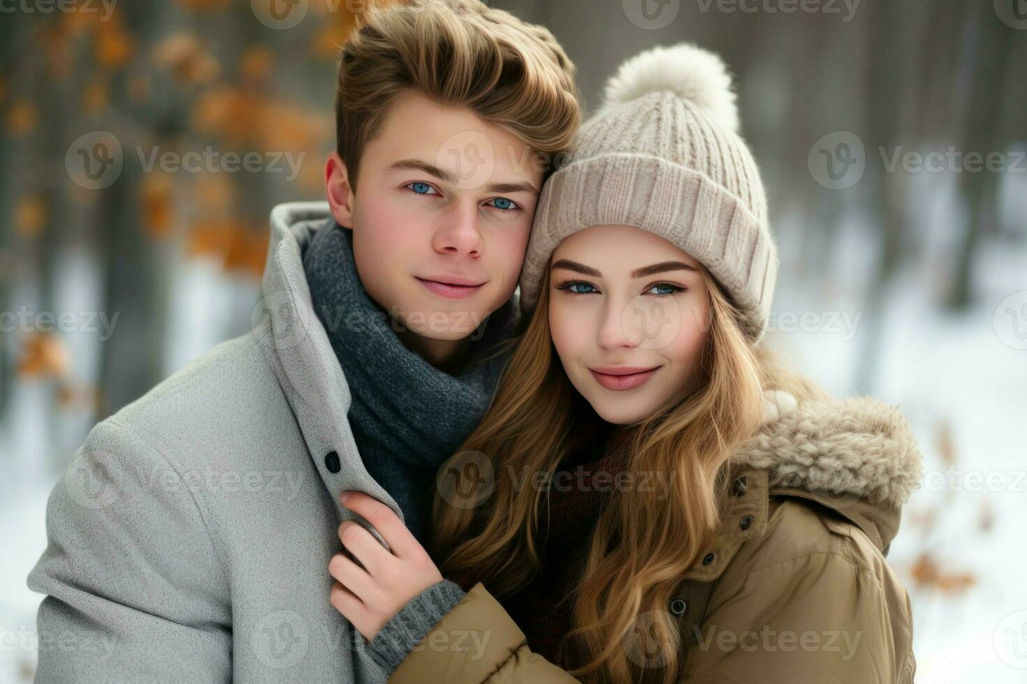 mignonne Jeune couple dans chaud vêtements en plein air la nature. produire ai photo