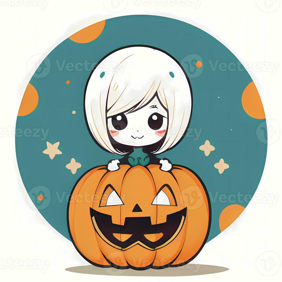 mignonne chibi fille sur Haut de citrouille Halloween autocollant dessin animé illustration style photo