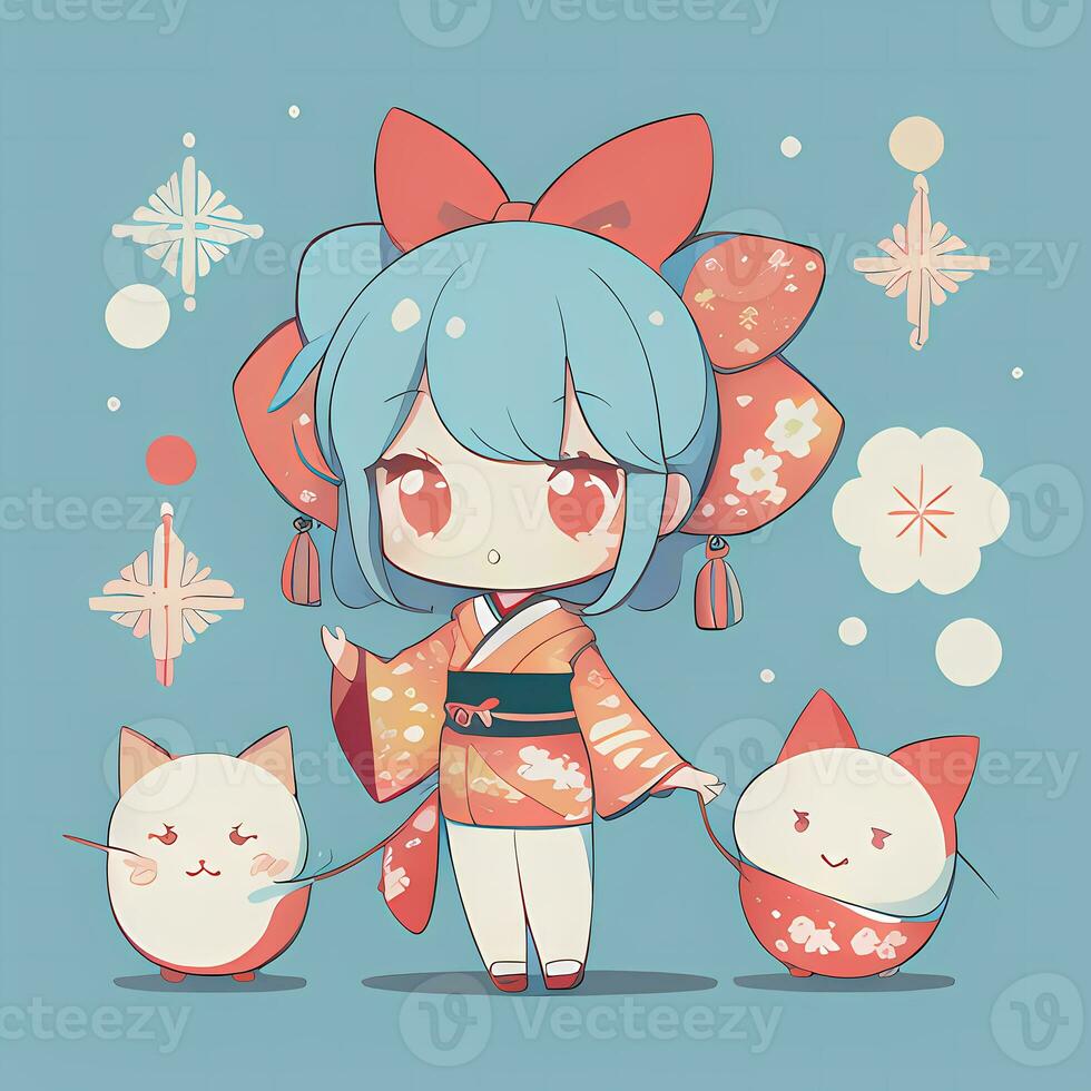 mignonne kawaii chibi anime fille autocollant mignonne Japonais yukata kimono Facile coloré Contexte photo