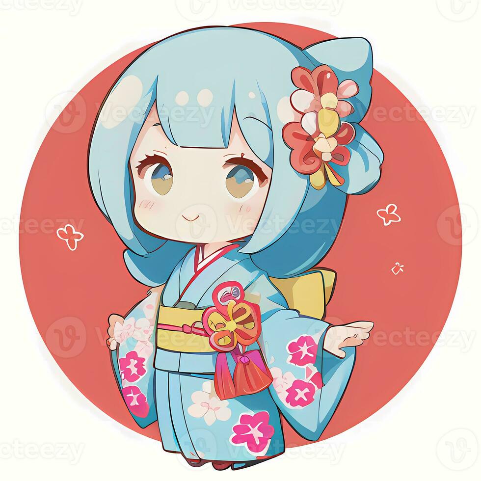 mignonne kawaii chibi anime fille autocollant mignonne Japonais yukata kimono Facile coloré Contexte photo