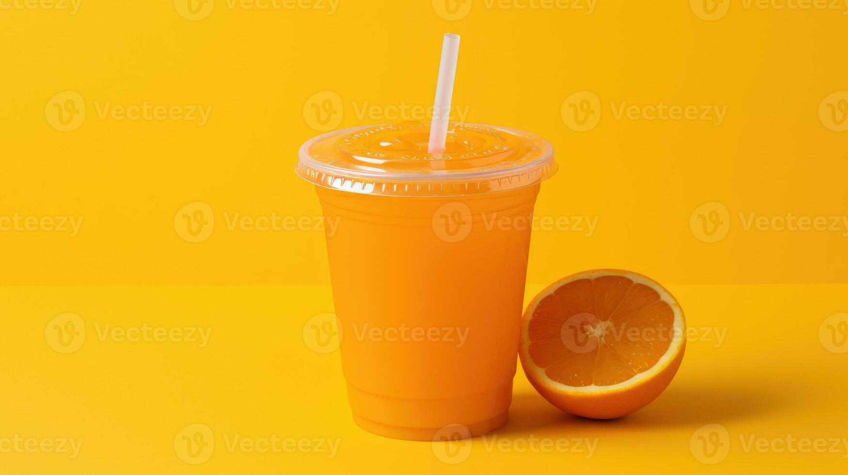 Orange jus dans Coupe. ai génératif Plastique tasse de Orange boisson Naturel jus ou smoothies. photo
