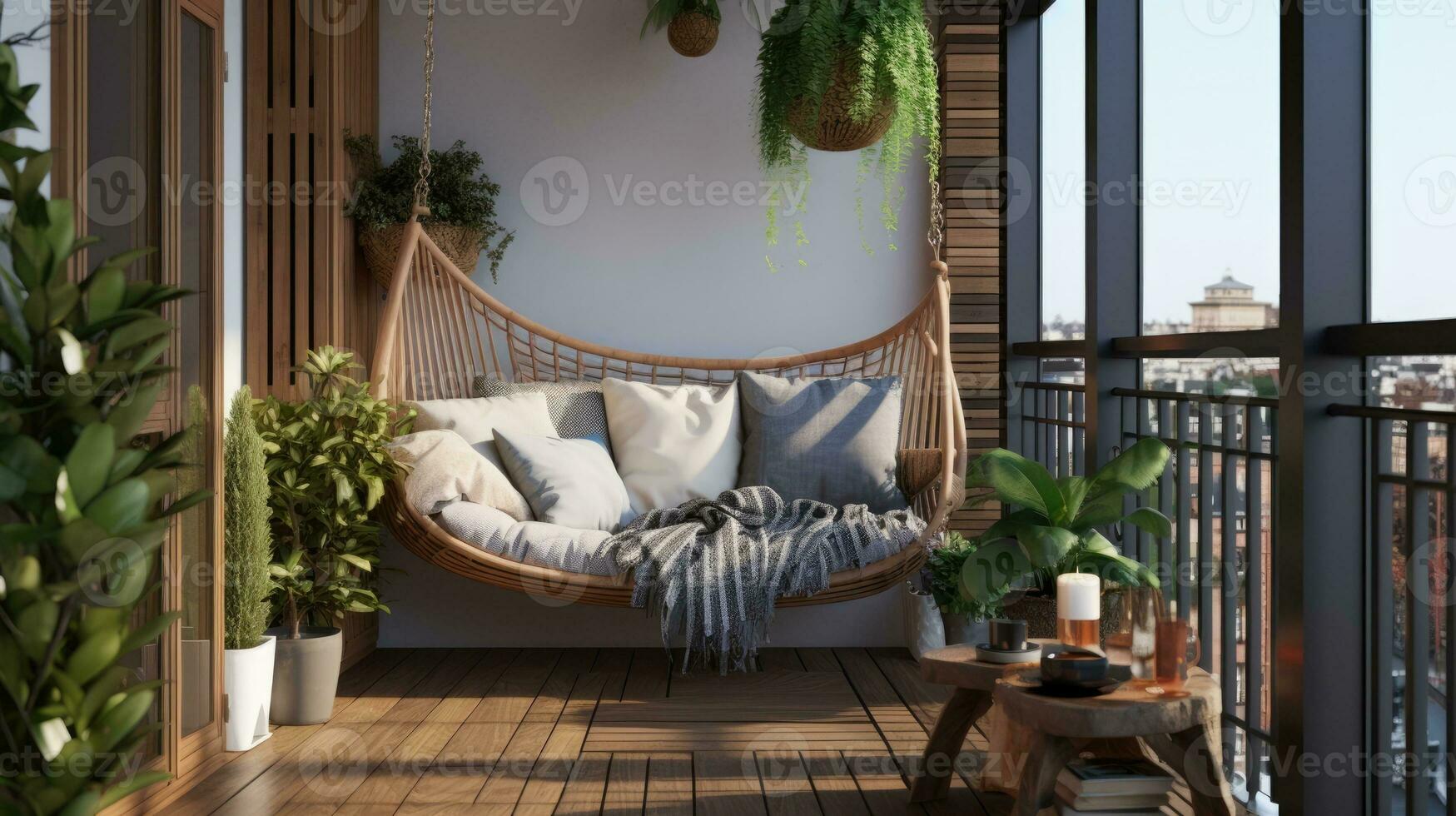 conception de une confortable moderne balcon avec une doux chaise et les  plantes. 28633037 Photo de stock chez Vecteezy