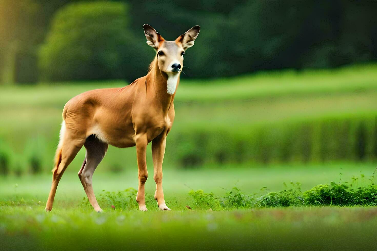 une cerf des stands dans le herbe sur une ensoleillé journée. généré par ai photo