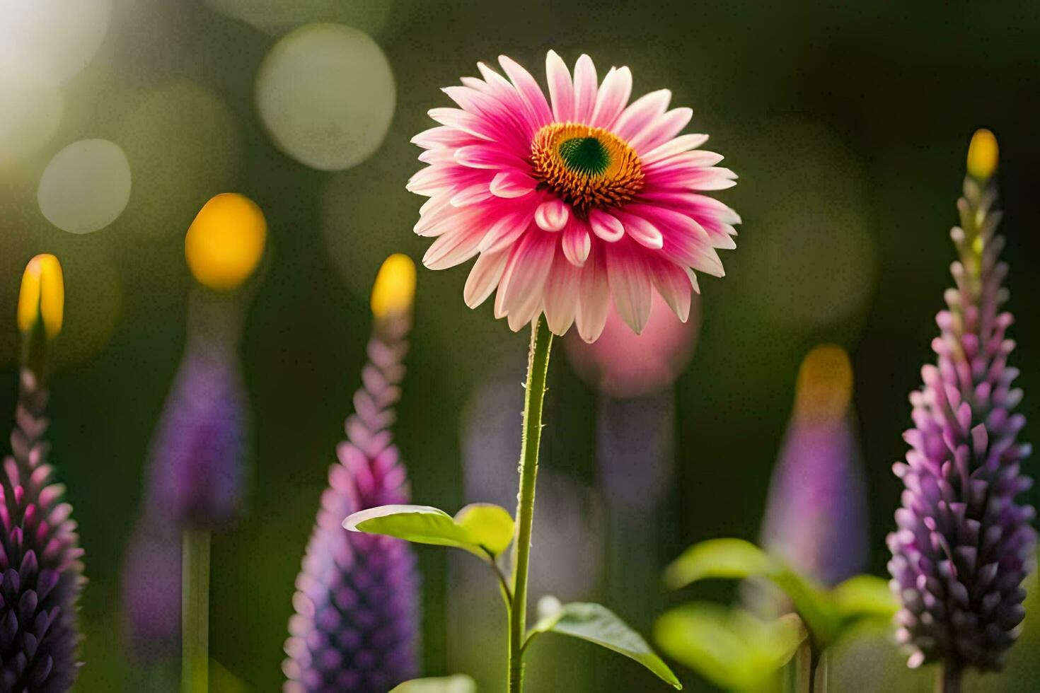 une rose fleur est permanent dans de face de violet fleurs. généré par ai photo