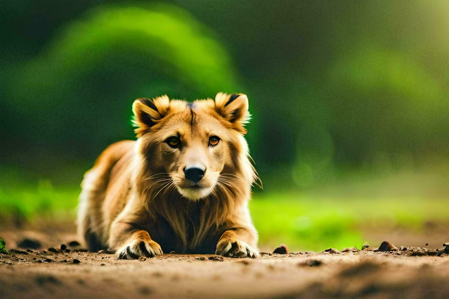 une Lion est pose sur le sol dans le milieu de une champ. généré par ai photo