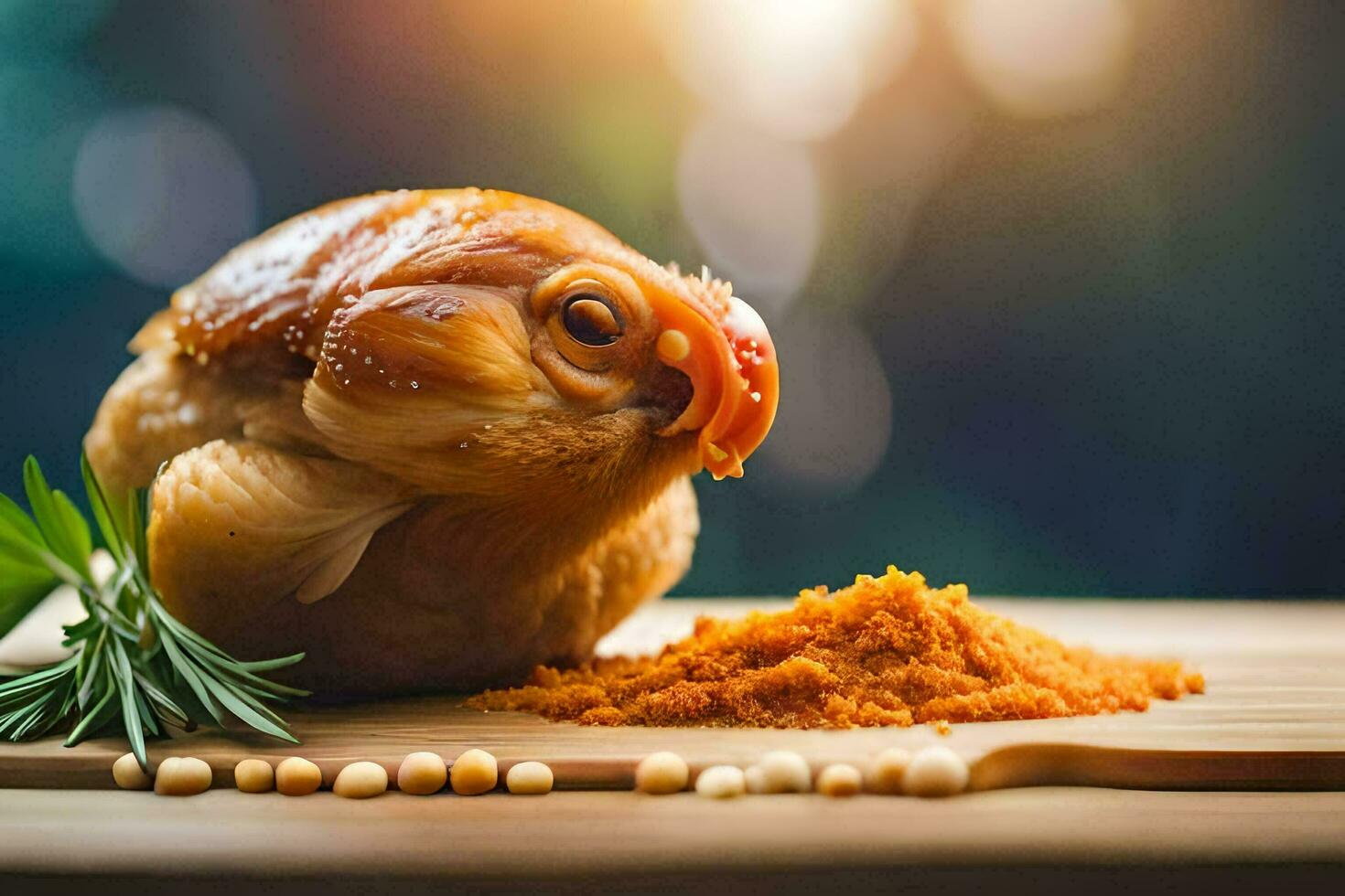 une poulet est séance sur Haut de une en bois Coupe planche. généré par ai photo