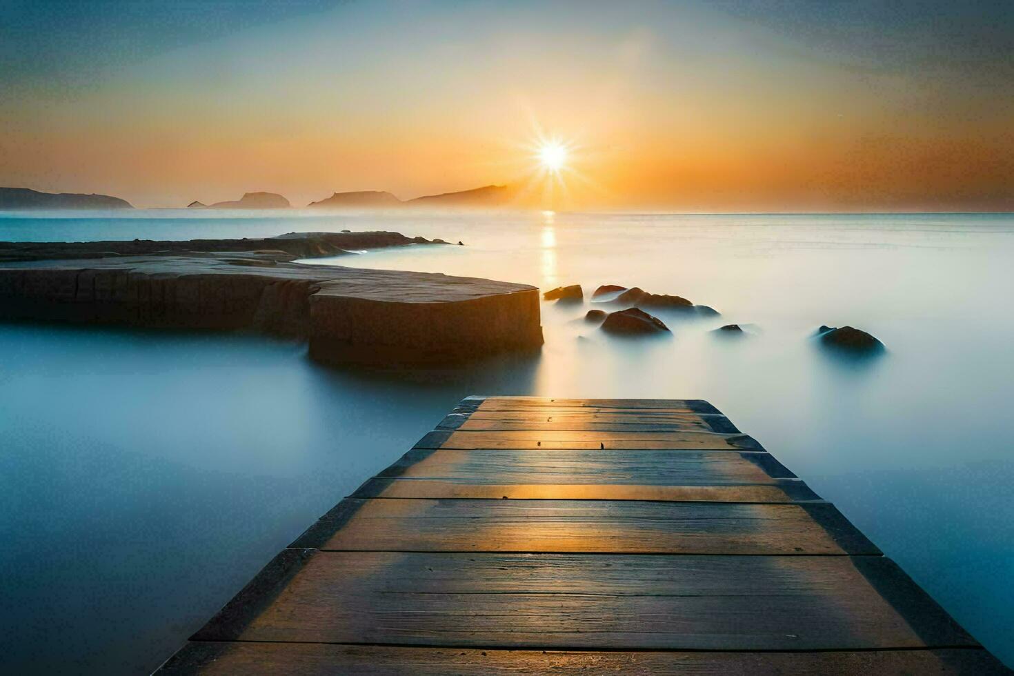 une en bois Dock pistes à le océan à le coucher du soleil. généré par ai photo