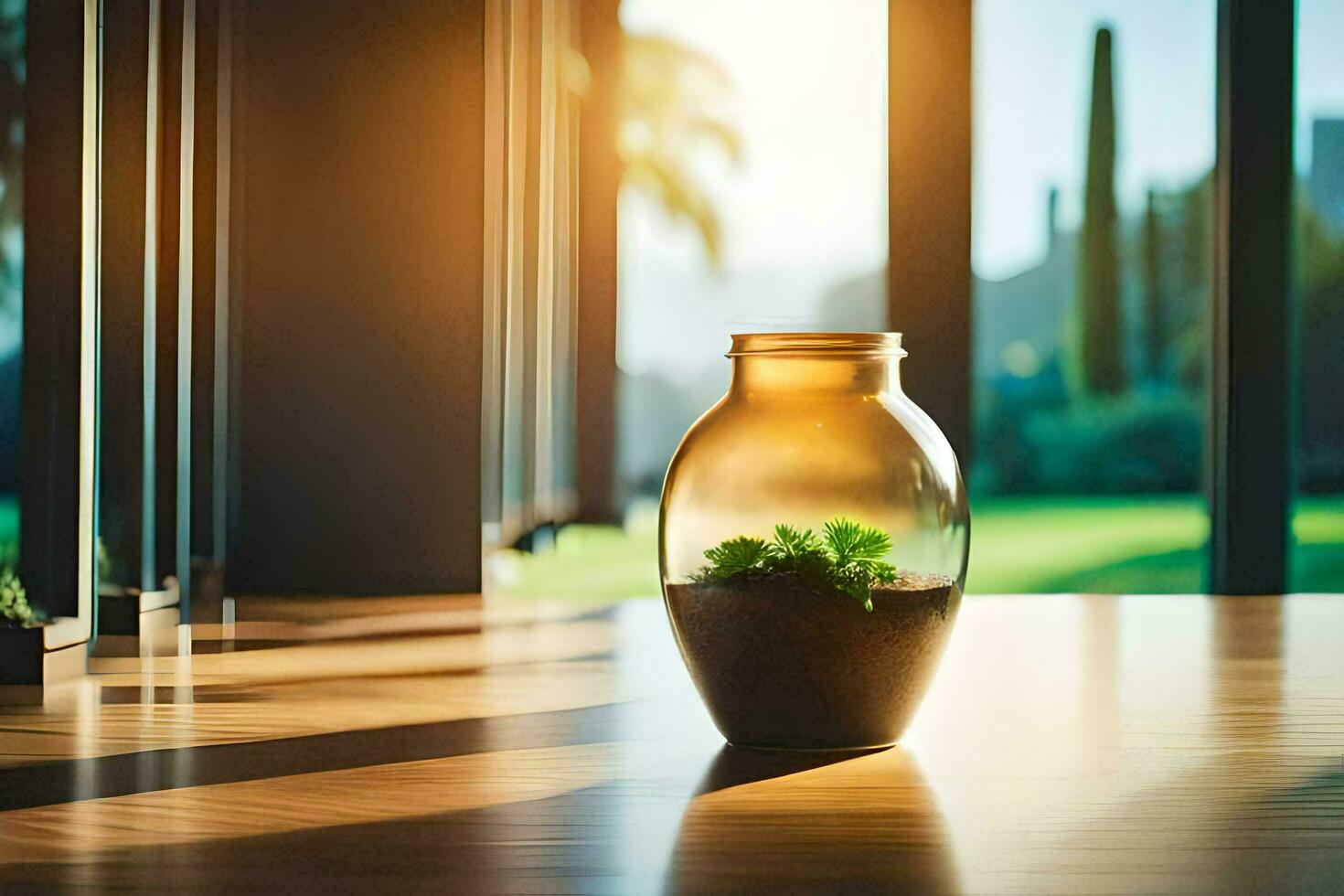 une verre vase avec une plante à l'intérieur sur une tableau. généré par ai photo