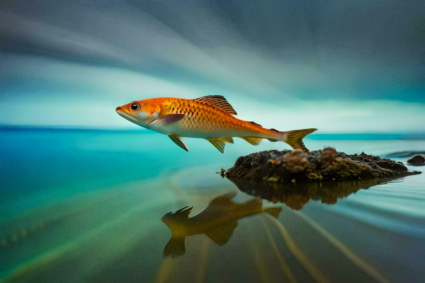 une poisson est sauter en dehors de le l'eau. généré par ai photo