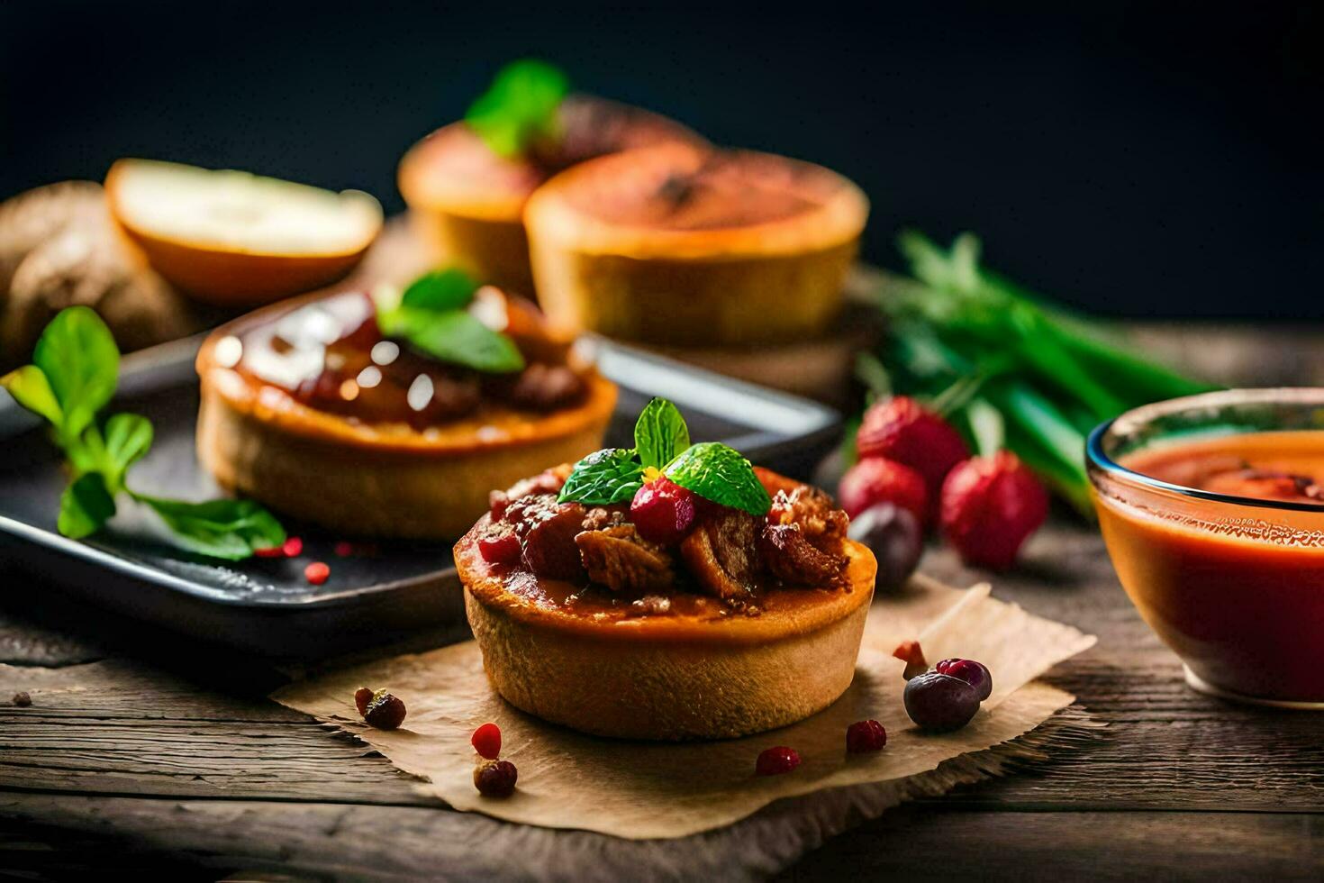 petit tartes avec fruit et des légumes sur une en bois tableau. généré par ai photo