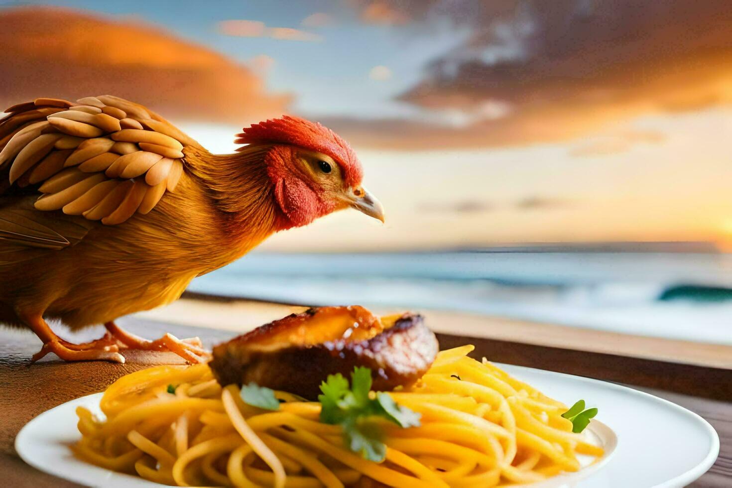 une poulet est permanent sur une assiette avec spaghetti et une le coucher du soleil dans le Contexte. généré par ai photo