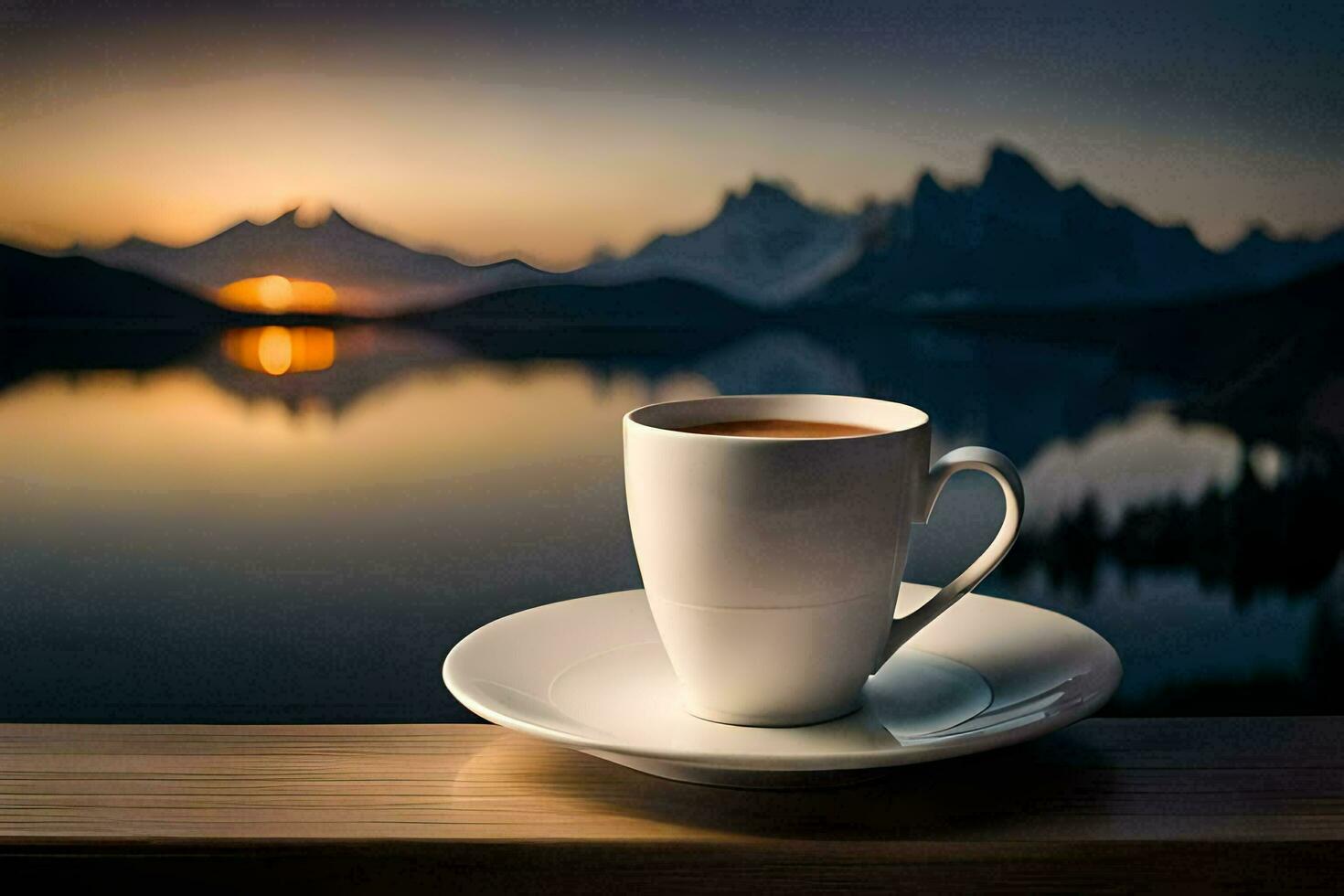 une tasse de café sur une en bois table avec une vue de le Lac et montagnes. généré par ai photo