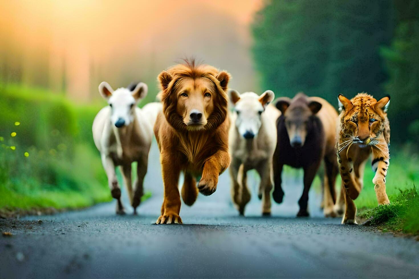 une Lion et une tigre sont en marchant vers le bas une route. généré par ai photo